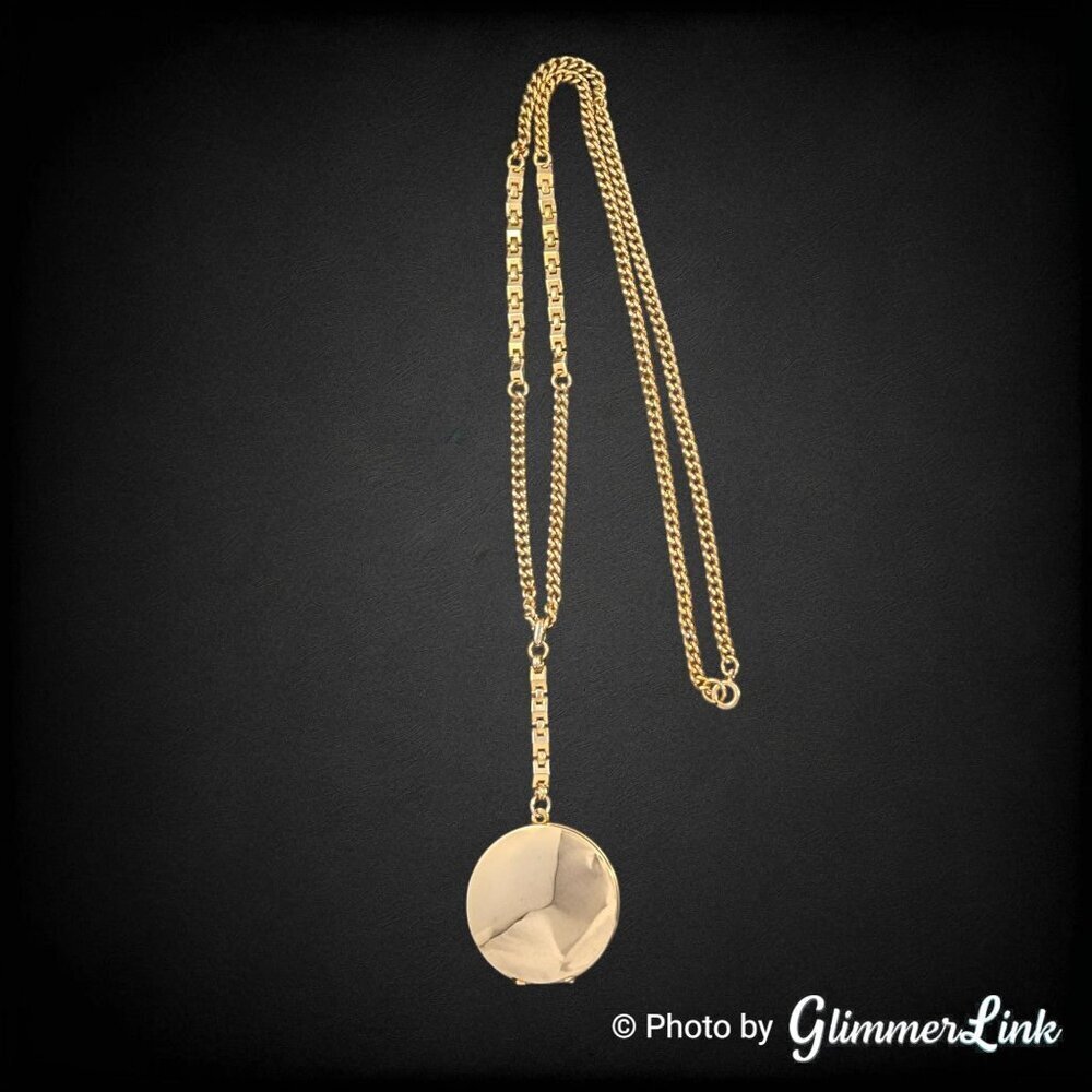 Vintage Gold Tone Engravable Locket Y Drop Necklace Long Locket Chain - Picture 10 of 16